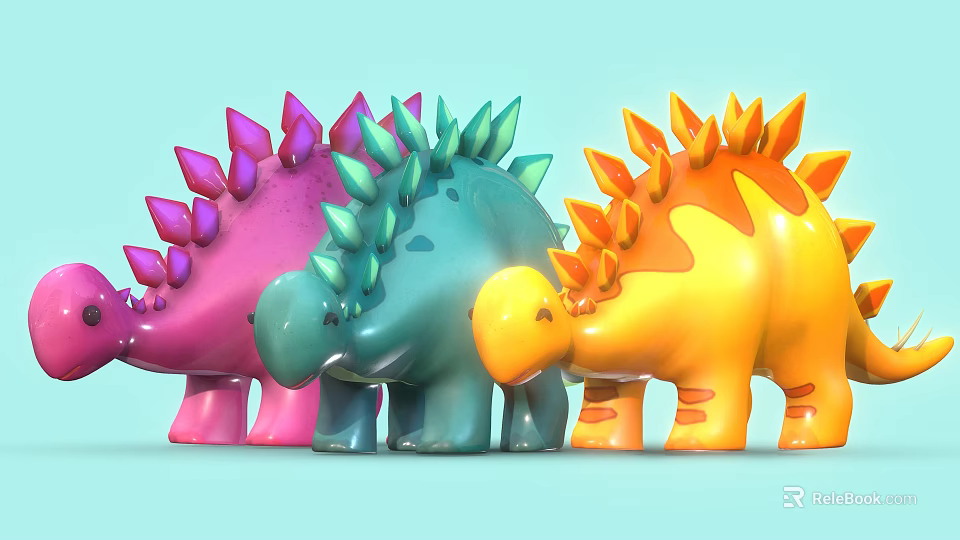 Colorful Reptile Dinosaur Toys with Spiked Backs in Pink Blue and Yellow for Kids Playtime 3d model 