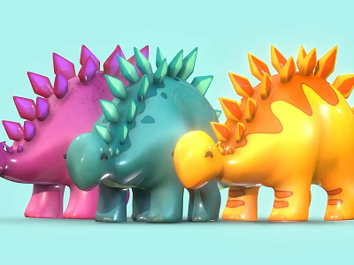 Colorful Reptile Dinosaur Toys with Spiked Backs in Pink Blue and Yellow for Kids Playtime 3d model