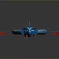 Futuristic Blue And Yellow Spaceship Model With Streamlined Wings And Red Engines