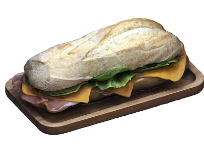 Freshly Made Ham And Cheese Sandwich With Lettuce On Wooden Tray 3d model