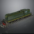 Green Locomotive With Yellow Stripes And Red Bottom On Railway Tracks Gray Background Reflection