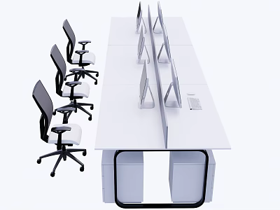 Modern Office Desk Workspace With Computer Monitors Dividers And Ergonomic Office Chairs 3d model