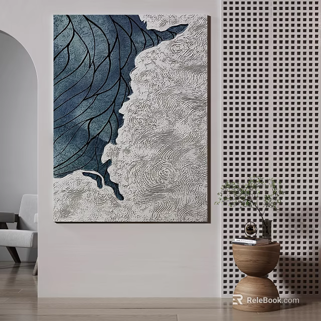 Large Abstract Blue White Painting With Perforated Wall And Indoor Plant Decor 3d model 