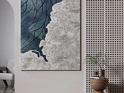 Large Abstract Blue White Painting With Perforated Wall And Indoor Plant Decor 3d model