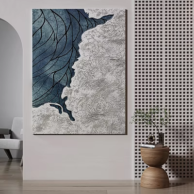 Large Abstract Blue White Painting With Perforated Wall And Indoor Plant Decor 3d model