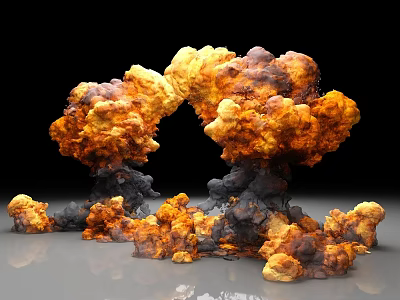Public Facilities Scene With Explosion Flames And Smoke Clouds 3d model