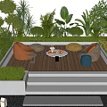 Lush Courtyard Garden With Wooden Deck Colorful Cushions Round Table And Stepped Lighting