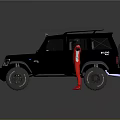 Black Off Road Vehicle With Roof Rack And Large Tires Beside Red Suit Figure