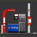 Cartoon Scene of Synergy Fuel Station With Red Arch Blue Box and Fuel Dispenser