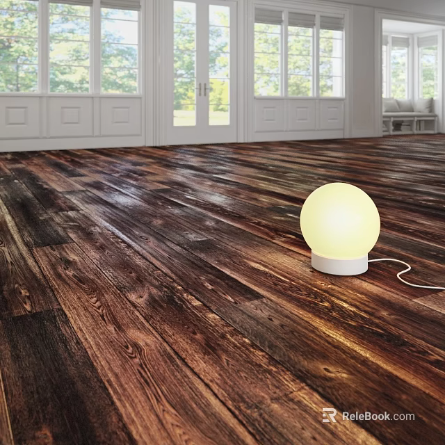 Dark Wooden Floor in Spacious Bright Room with White Doors Windows and Round Yellow Lamp 3d model 