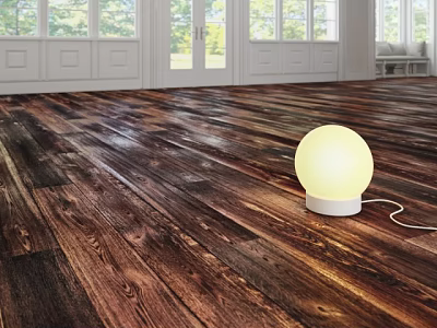 Dark Wooden Floor in Spacious Bright Room with White Doors Windows and Round Yellow Lamp 3d model