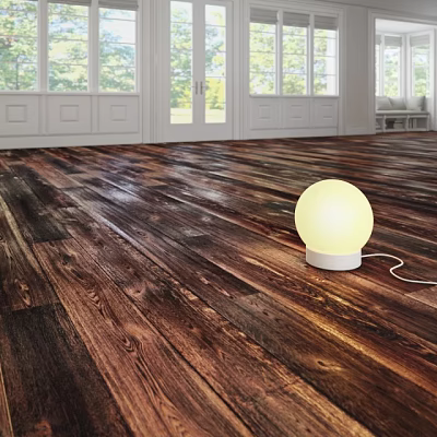 Dark Wooden Floor in Spacious Bright Room with White Doors Windows and Round Yellow Lamp 3d model