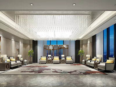 Hotel Public Lounge Area With Grand Crystal Chandelier Comfortable Sofas And Large Windows 3d model