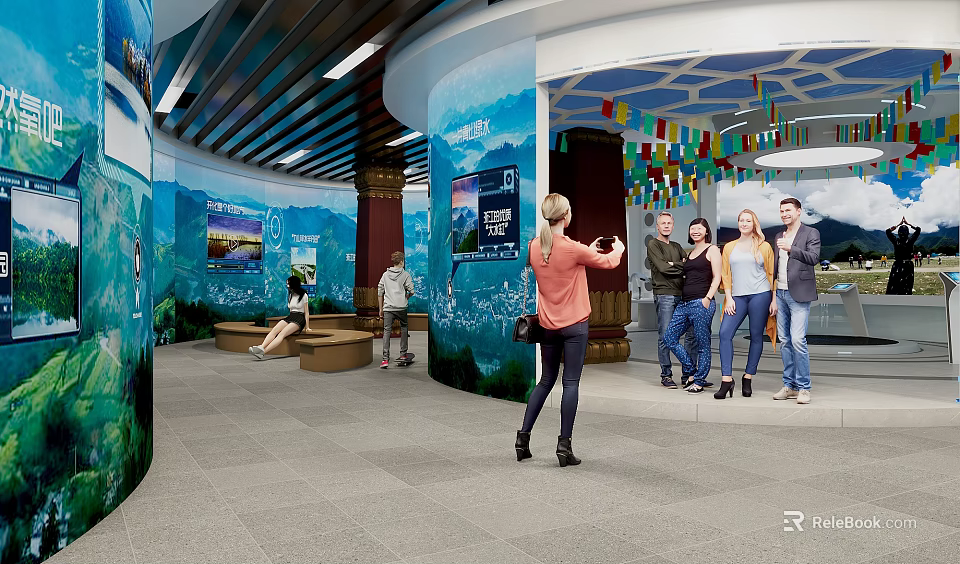 Cultural Center Interior With Visitors Exploring Exhibition Murals Digital Screens And Decorative Flags 3d model 