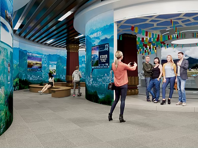 Cultural Center Interior With Visitors Exploring Exhibition Murals Digital Screens And Decorative Flags 3d model