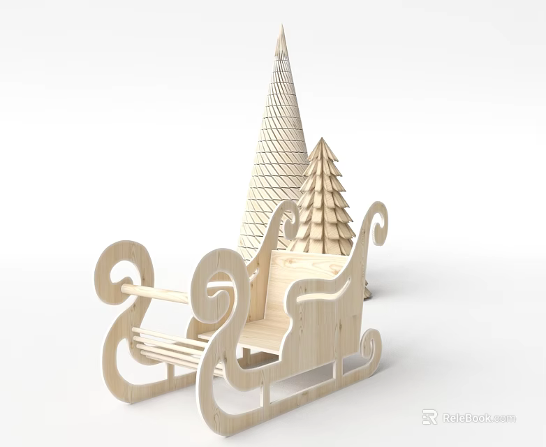 3D Model Commercial Decorative Equipment With Wooden Sleigh And Christmas Tree Design 3d model 