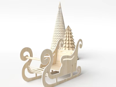 3D Model Commercial Decorative Equipment With Wooden Sleigh And Christmas Tree Design 3d model