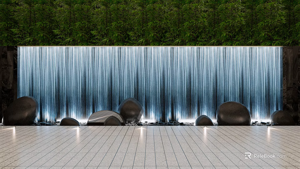 Stunning Waterfall Water Wall With Lush Green Backdrop Decorative Smooth Stones And Lighted Tiled Floor 3d model 