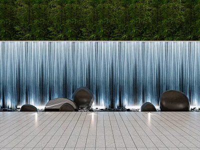 Stunning Waterfall Water Wall With Lush Green Backdrop Decorative Smooth Stones And Lighted Tiled Floor 3d model