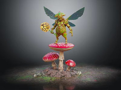 Green Winged Creature Holding Glowing Orb On Red Spotted Mushroom With Small Mossy Mushrooms 3d model