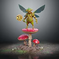 Green Winged Creature Holding Glowing Orb On Red Spotted Mushroom With Small Mossy Mushrooms