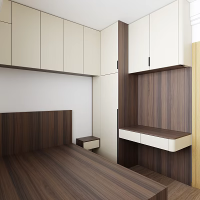 Modern Minimalist White and Wooden Bookcase With Cabinet Doors Drawers Bed and Wooden Headboard 3d model