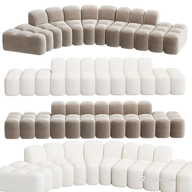 Modern Plush Multi-seat Sofa With Modular Design In Gray And White Hues 3d model 