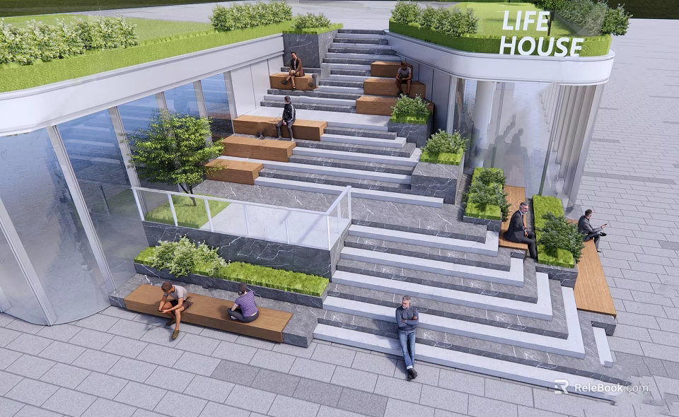 Outdoor Landscape Seats with Stepped Design and Greenery for Public Relaxation 3d model 