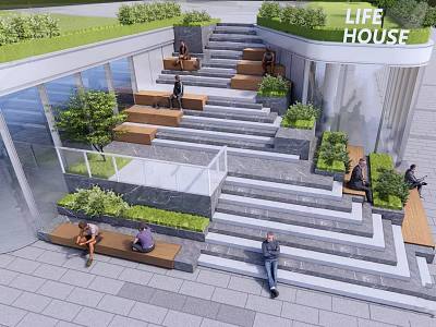 Outdoor Landscape Seats with Stepped Design and Greenery for Public Relaxation 3d model
