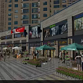 Vibrant Commercial Street With High Rise Buildings Retail Stores Billboards Outdoor Seating and Evening Lights