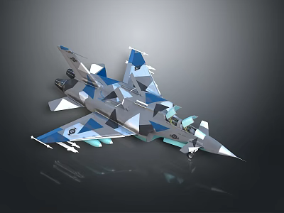 Modern Fighter Jet Design Featuring Blue White Geometric Camouflage And Sharp Aerodynamic Structure 3d model