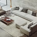Modern Living Room Interior With White Sofa Coffee Table Area Rug And Large Windows