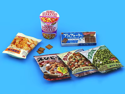 Assorted Japanese Snack Collection Including Cup Noodles Chips And Bean Snacks 3d model