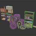 Industrial Storage Scene With Stacked Tires Wooden Boxes And Metal Shelves