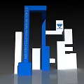 Modern Blue White Sculptural Signage Design With Geometric Structural Elements 3d model