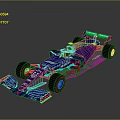 Blue and Pink Streamlined Formula One Racing Car with Rear Wing and Tires