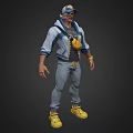 Game Movie Character Wearing Blue And White Jacket With Yellow Tool Bag And Glasses