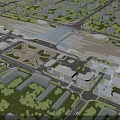 Bird's Eye View Urban Planning with Modern Transportation Hub Buildings Roads and Green Spaces