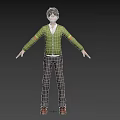 A man in green cardigan white shirt brown pants brown shoes with arms outstretched