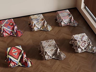 Colorful Patterned Fabric Wrapped Cubes Placed On Herringbone Wooden Floor With Window Blinds 3d model