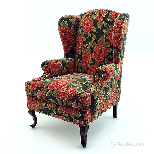 Vintage Floral Pattern Armchair With Dark Fabric Red Roses And Wooden Legs 3d model 