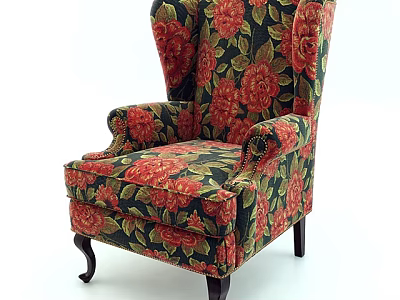 Vintage Floral Pattern Armchair With Dark Fabric Red Roses And Wooden Legs 3d model