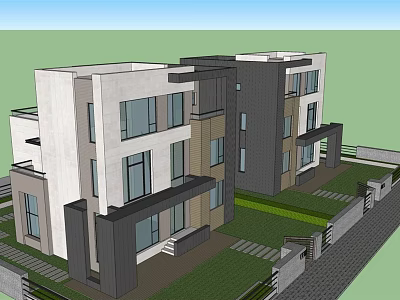 Modern Semi Detached Villa Exterior With Glass Windows White Dark Gray Facade Lawn Driveway 3d model