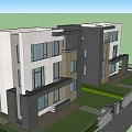 Modern Semi Detached Villa Exterior With Glass Windows White Dark Gray Facade Lawn Driveway