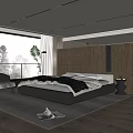 Modern Bedroom Interior With Large Window Mountain View Bed Plant Chair And Wardrobe