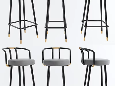 Modern Bar Stools With Black Metal Frame Gray Upholstered Seat And Gold Accents 3d model