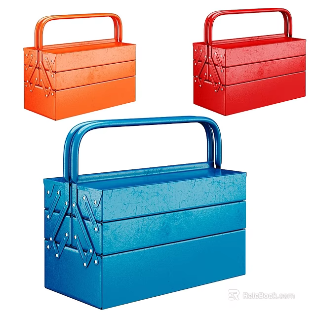 Vintage Metal Toolbox Style Decorative Ornament Set In Orange Red Blue Colors 3d model 