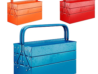 Vintage Metal Toolbox Style Decorative Ornament Set In Orange Red Blue Colors 3d model