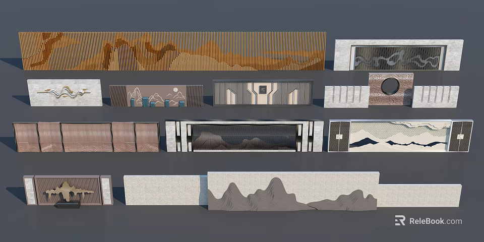 Various Scenic Feature Wall Designs With Mountain Patterns And Different Materials 3d model 