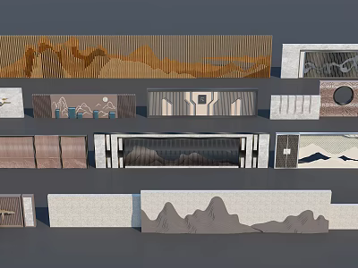 Various Scenic Feature Wall Designs With Mountain Patterns And Different Materials 3d model